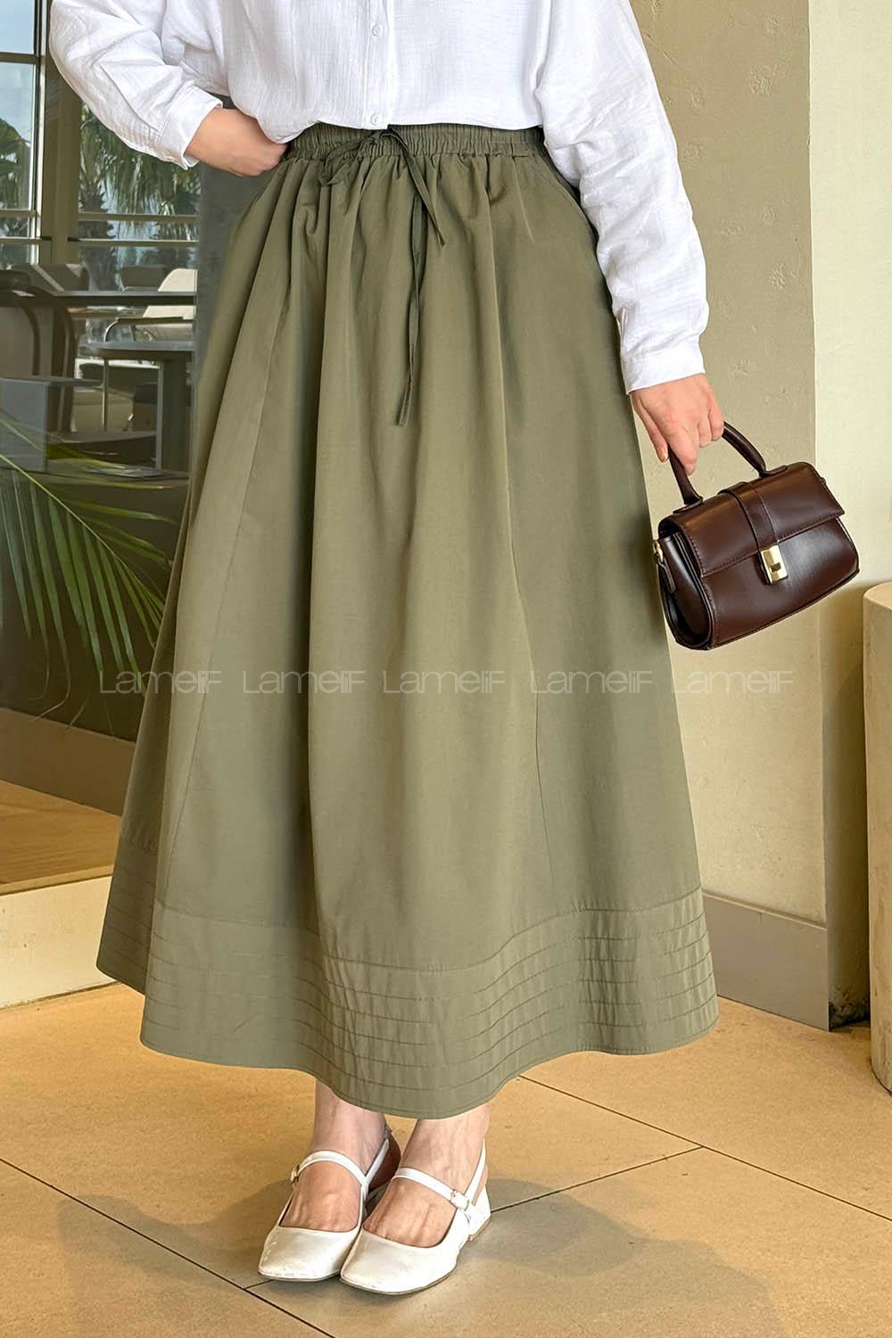 Khaki Poplin Fabric Flare Skirt
