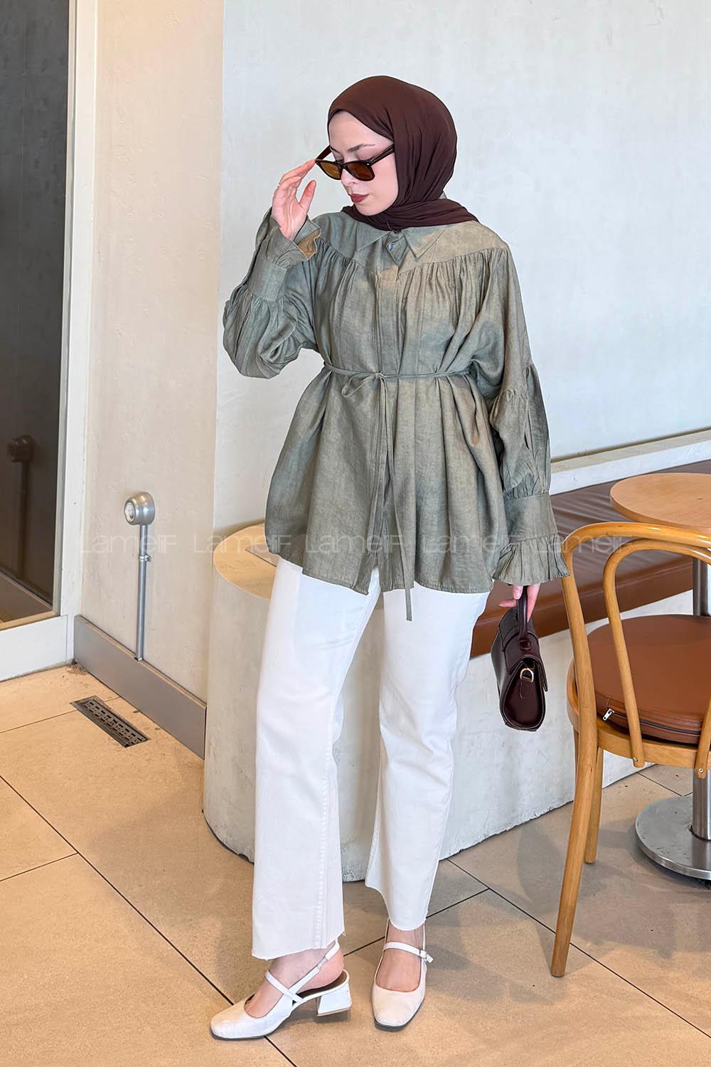 Khaki Shirt Collar Long Arm Viscose Fabric Shirt