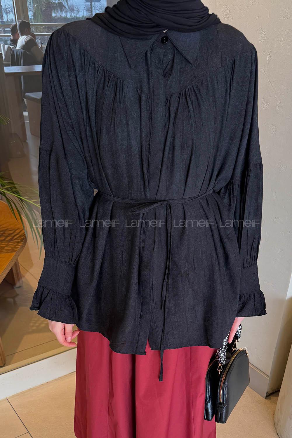 Black Shirt Collar Long Arm Viscose Fabric Shirt