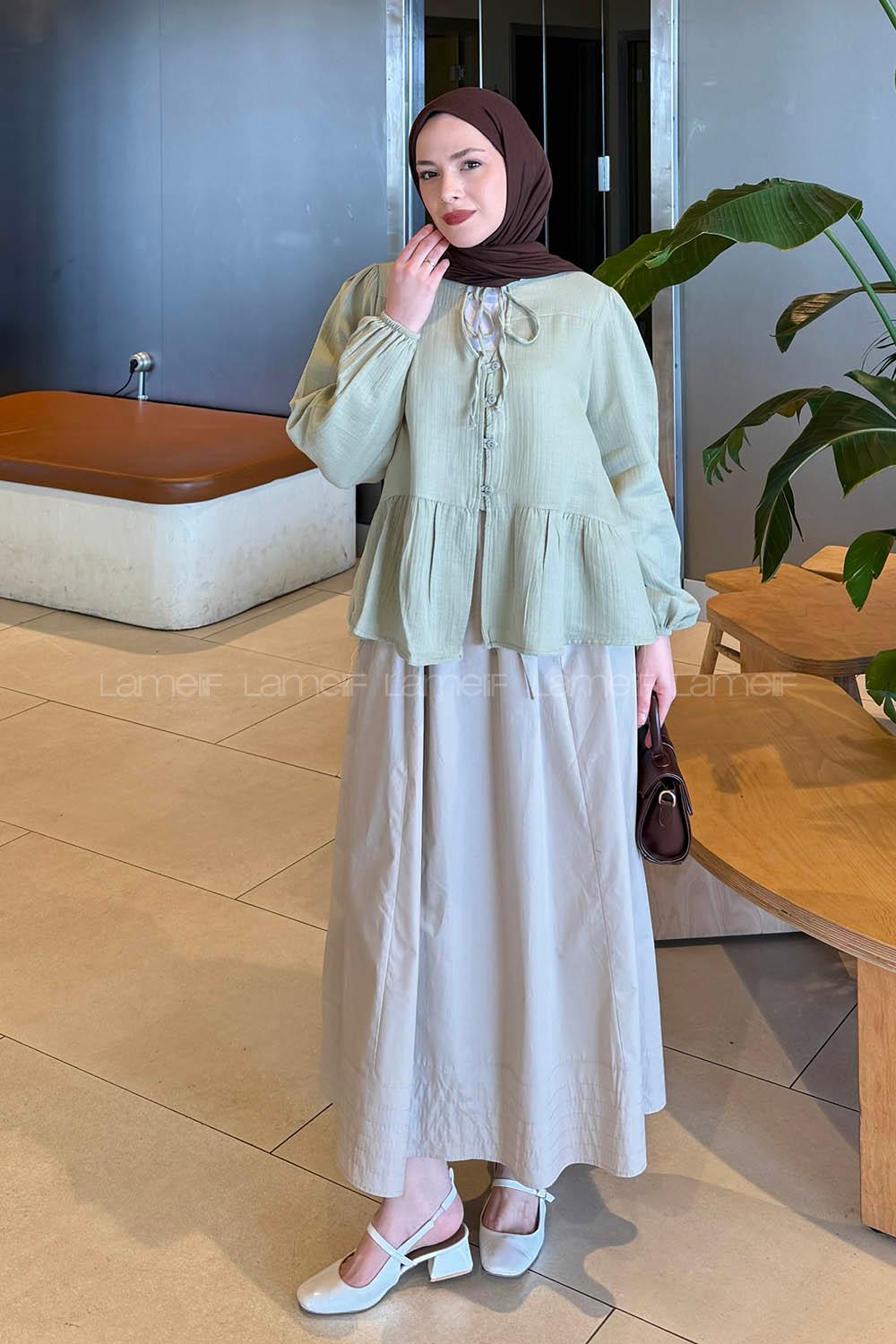 Lamelif V Yaka Kolları Lastikli Müslin Tesettür Gömlek Çağla Yeşili