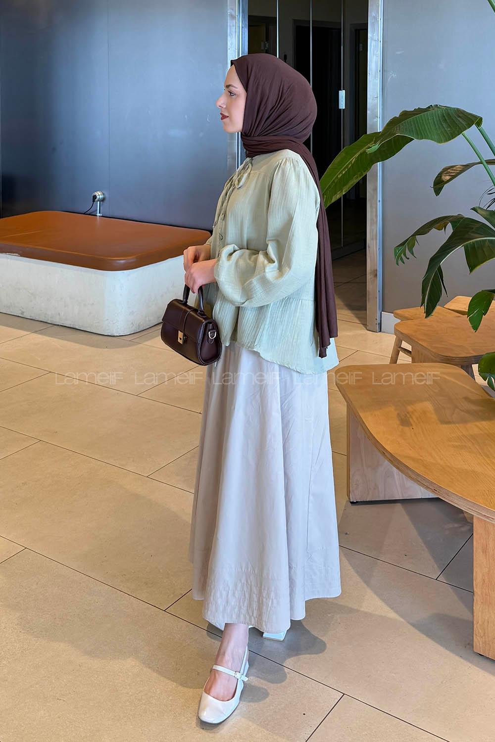 Lamelif V Yaka Kolları Lastikli Müslin Tesettür Gömlek Çağla Yeşili