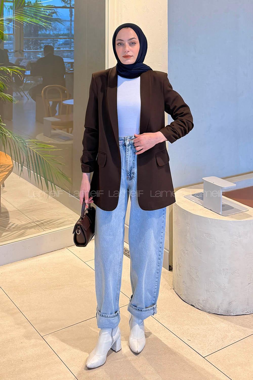 Modalamelif Kolu Büzgü Detaylı Blazer Ceket Acı Kahve