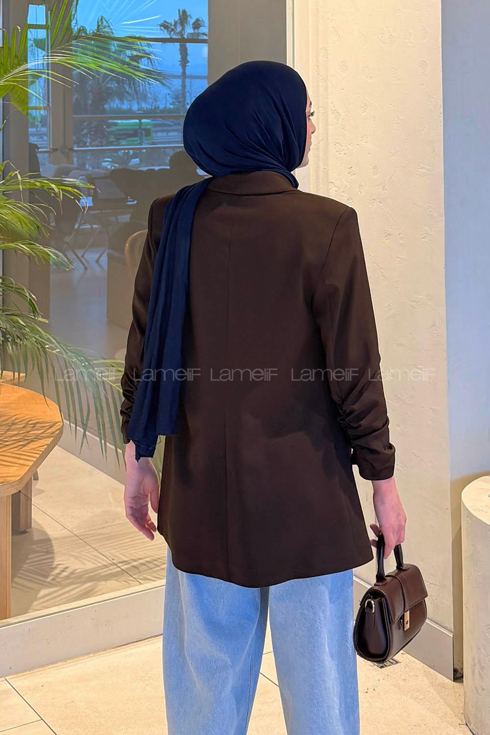 Modalamelif Kolu Büzgü Detaylı Blazer Ceket Acı Kahve