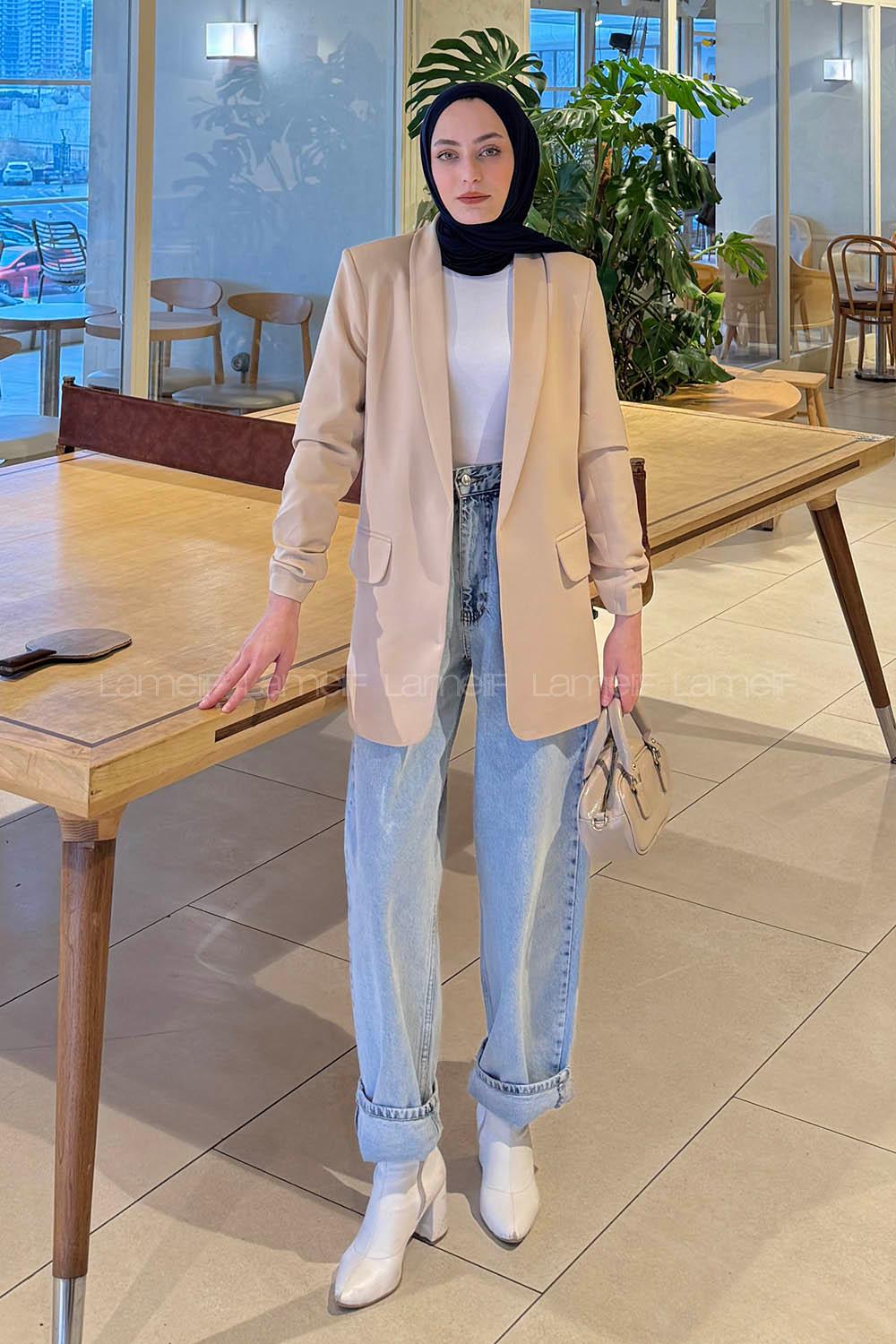 Modalamelif Kolu Büzgü Detaylı Blazer Ceket Bej