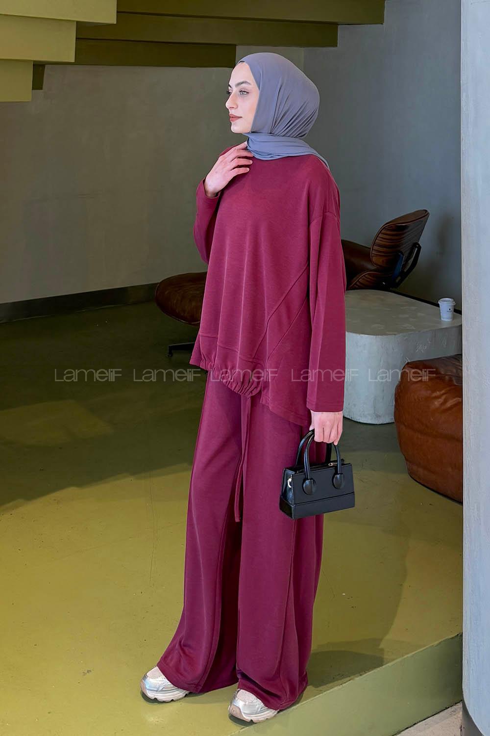 Claret Red Crew Neck Long Arm Cotton Regular Trousers Comfortable Suit