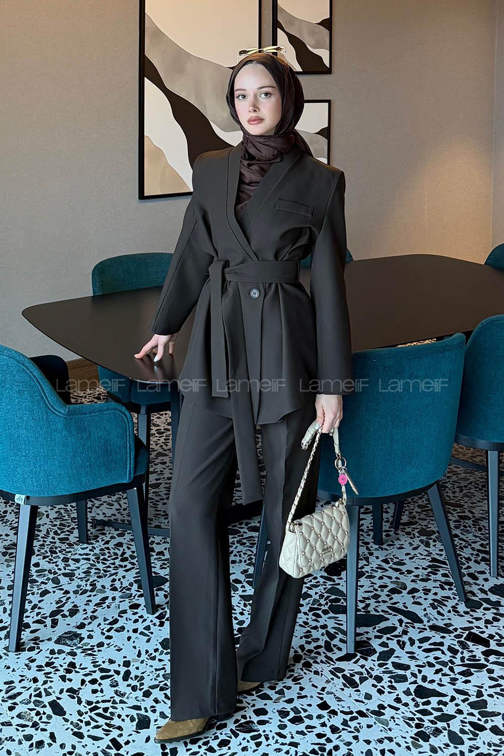 Lamelif Bağlama Detaylı Ceket-Pantolon Takım Kahverengi