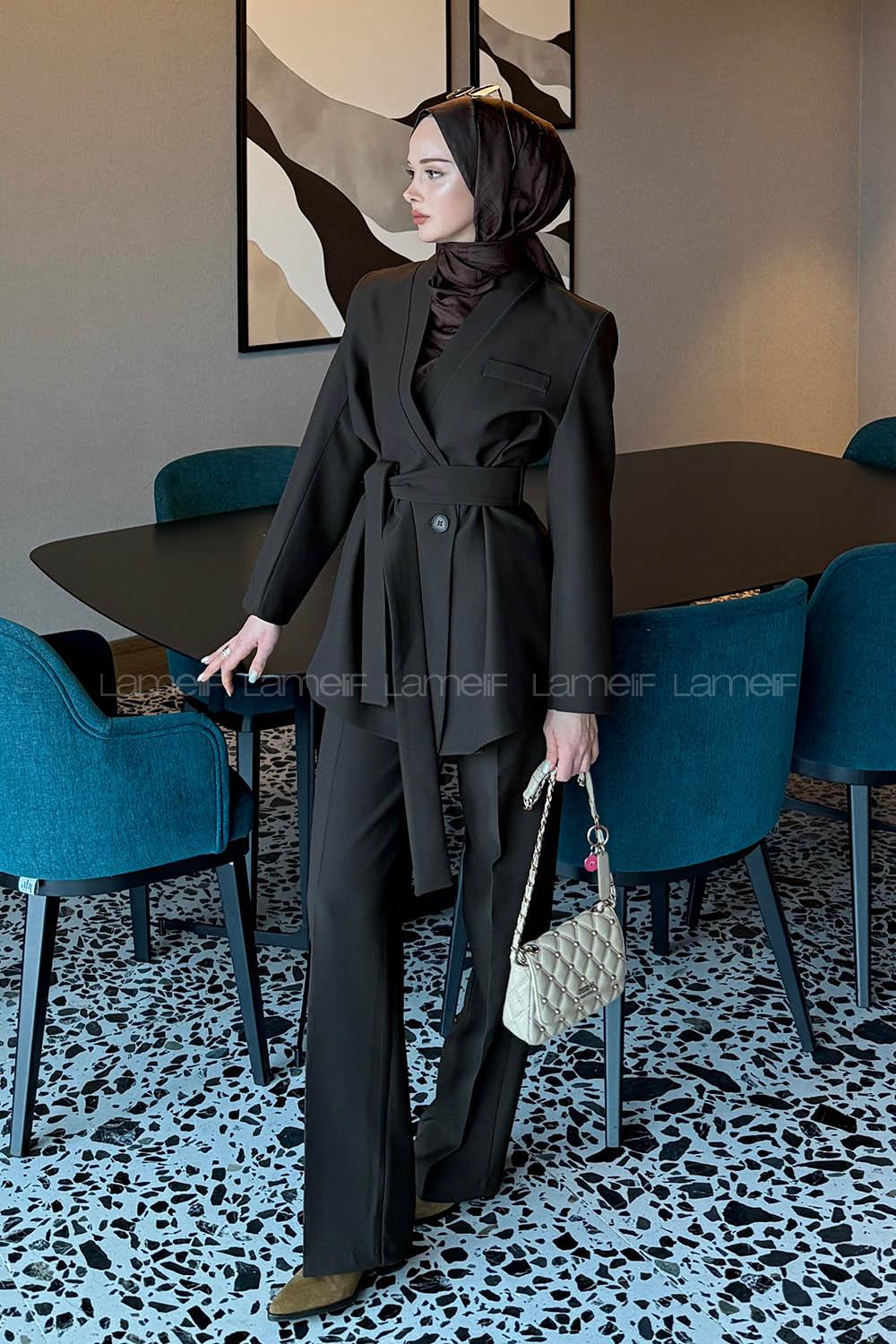 Lamelif Bağlama Detaylı Ceket-Pantolon Takım Kahverengi