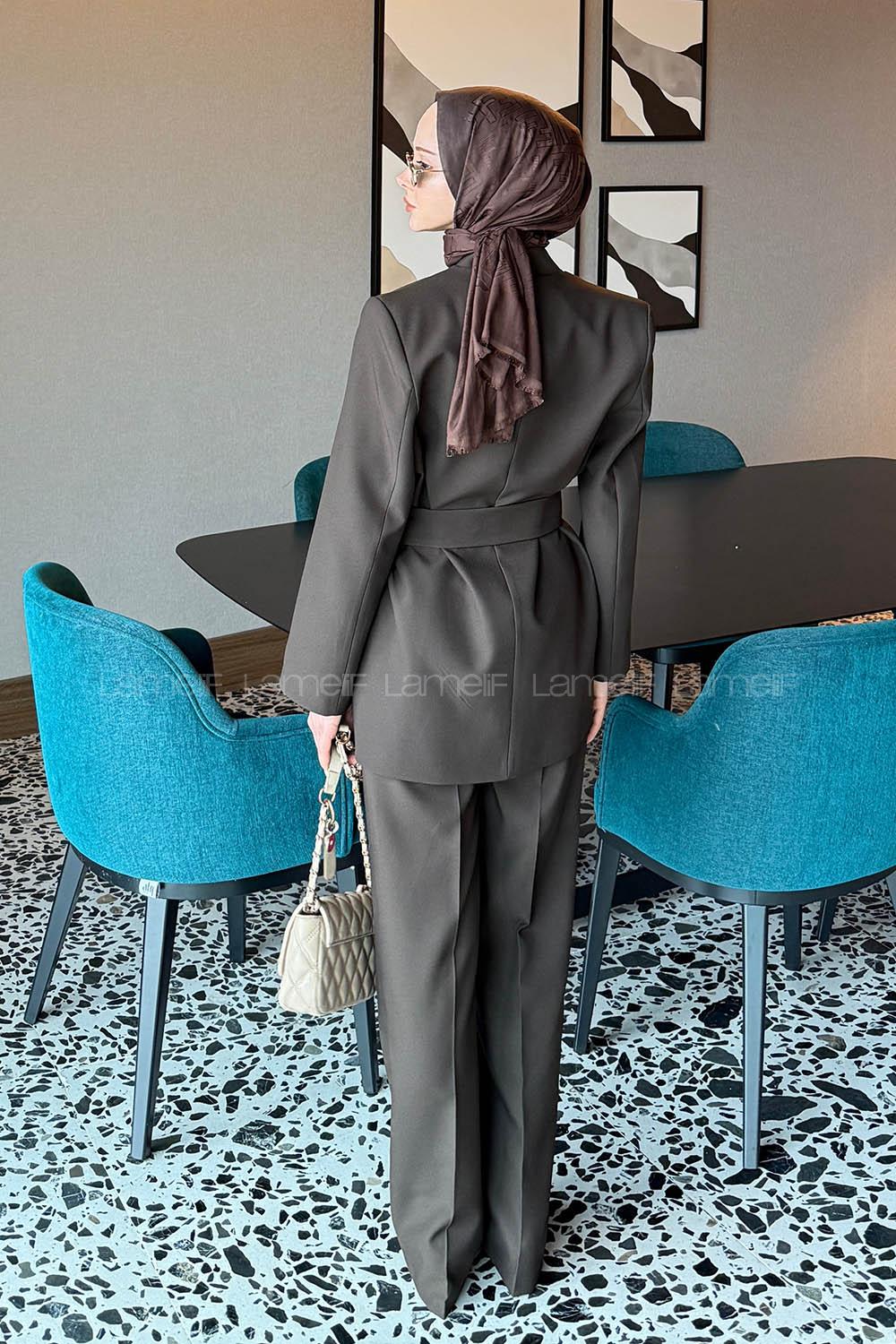 Lamelif Bağlama Detaylı Ceket-Pantolon Takım Kahverengi