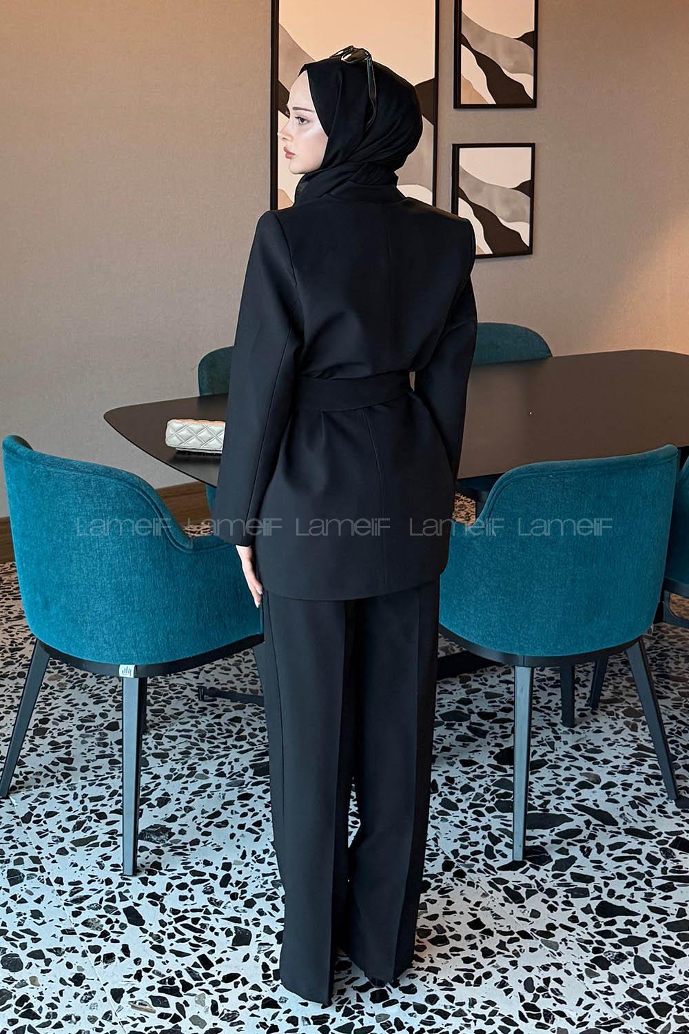 Lamelif Bağlama Detaylı Ceket-Pantolon Takım Siyah