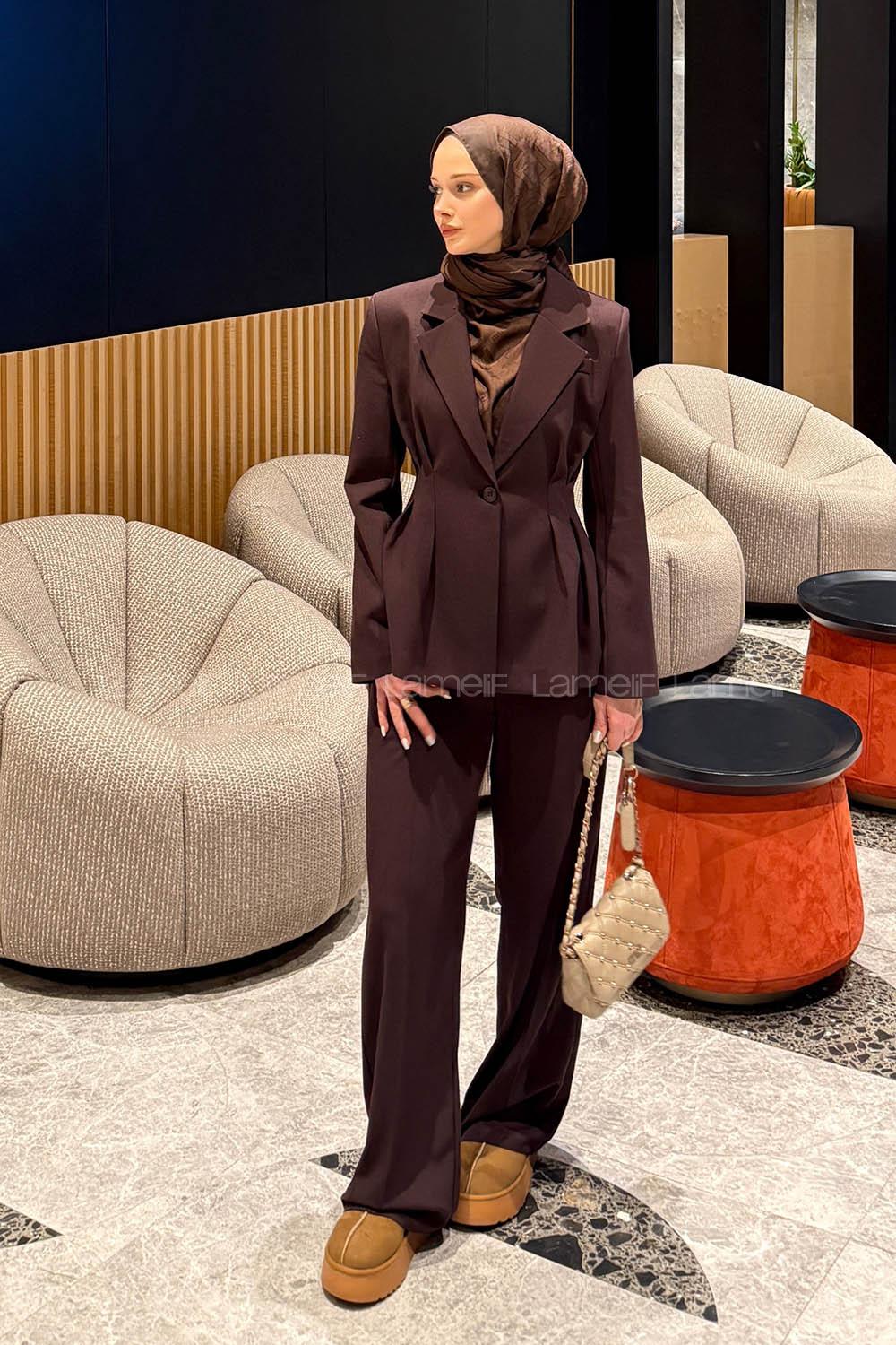 Lamelif Belden Oturtmalı Ceket-Pantolon Takım Mürdüm