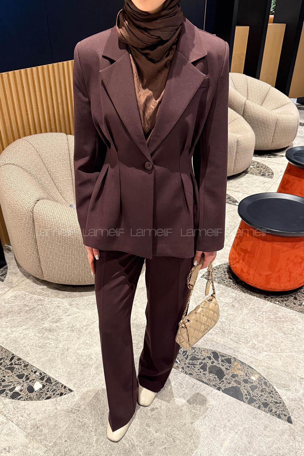 Lamelif Belden Oturtmalı Ceket-Pantolon Takım Mürdüm