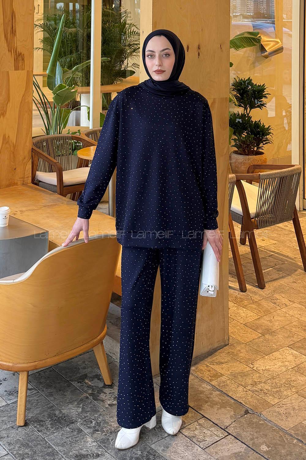 Lamelif Bisiklet Yaka Taş Detaylı Takım Lacivert