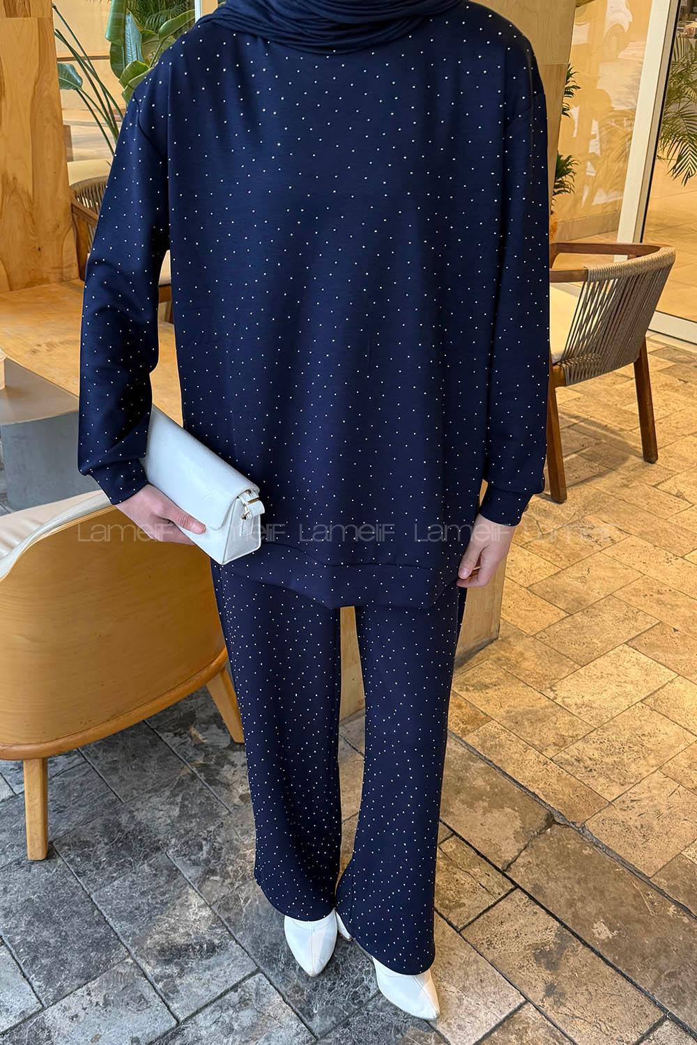 Lamelif Bisiklet Yaka Taş Detaylı Takım Lacivert