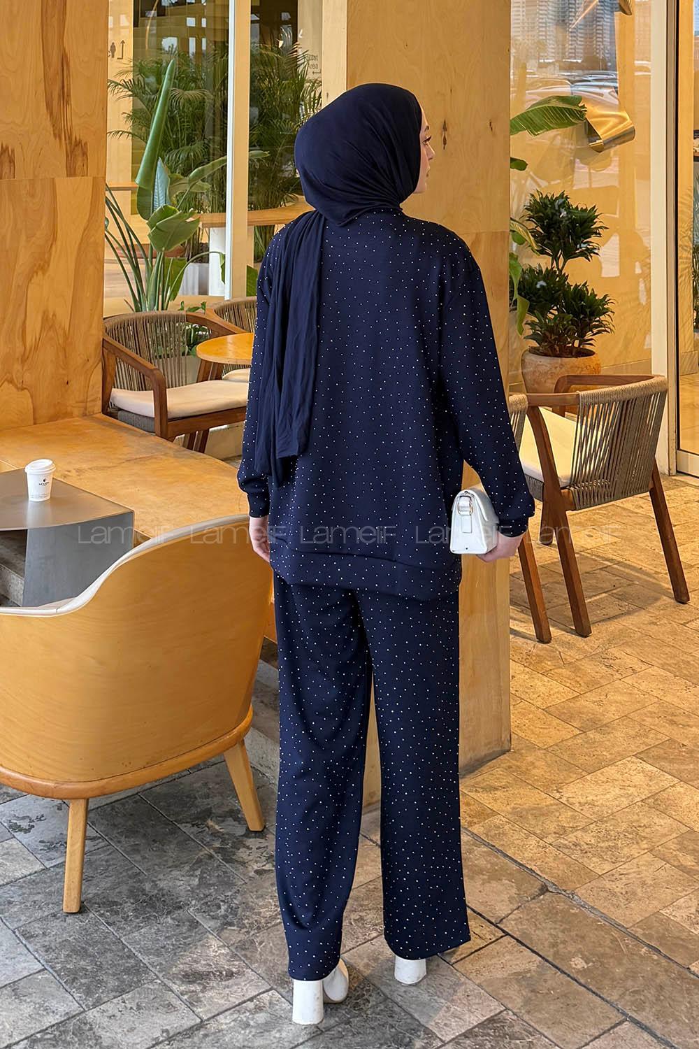 Lamelif Bisiklet Yaka Taş Detaylı Takım Lacivert