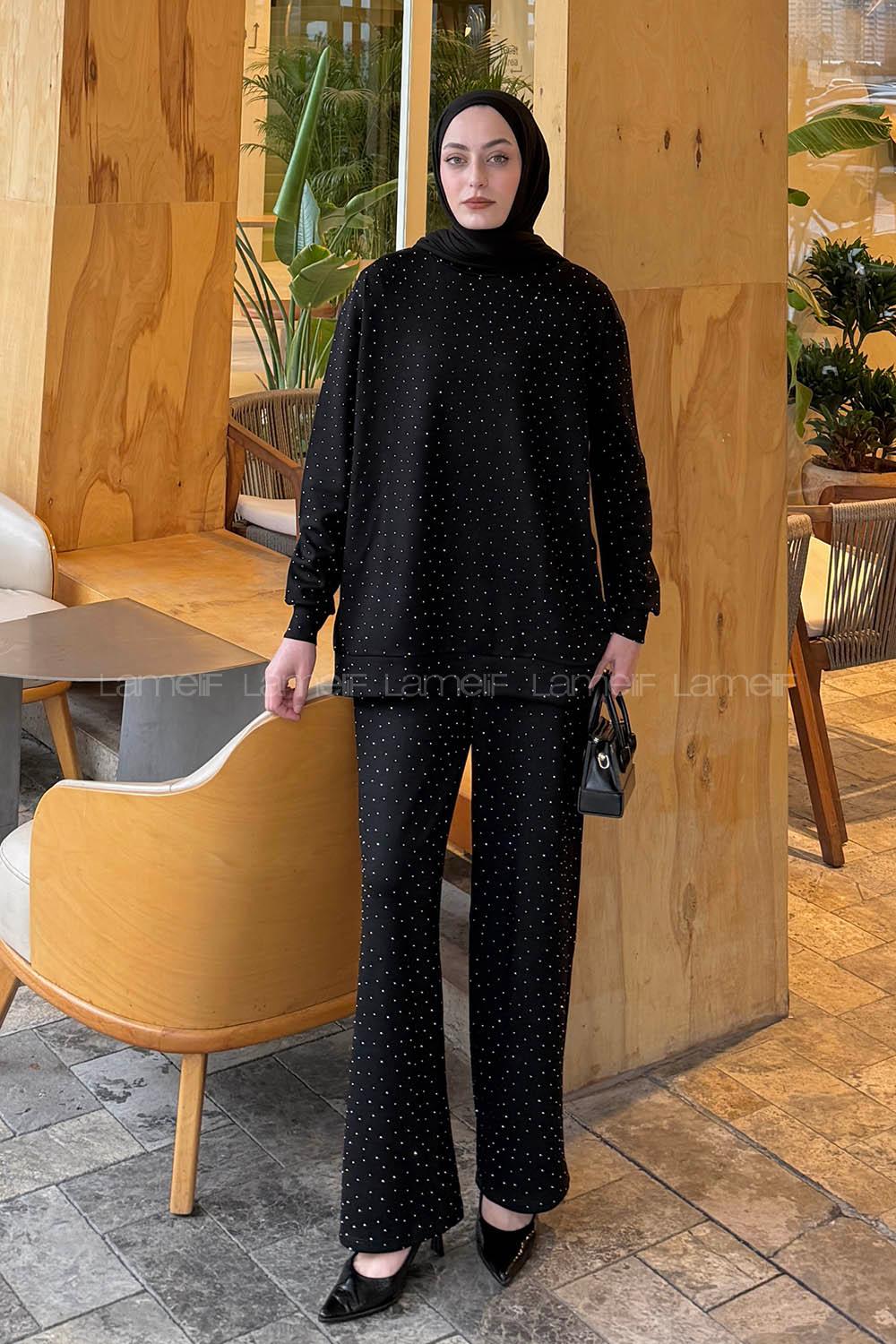 Lamelif Bisiklet Yaka Taş Detaylı Takım Siyah