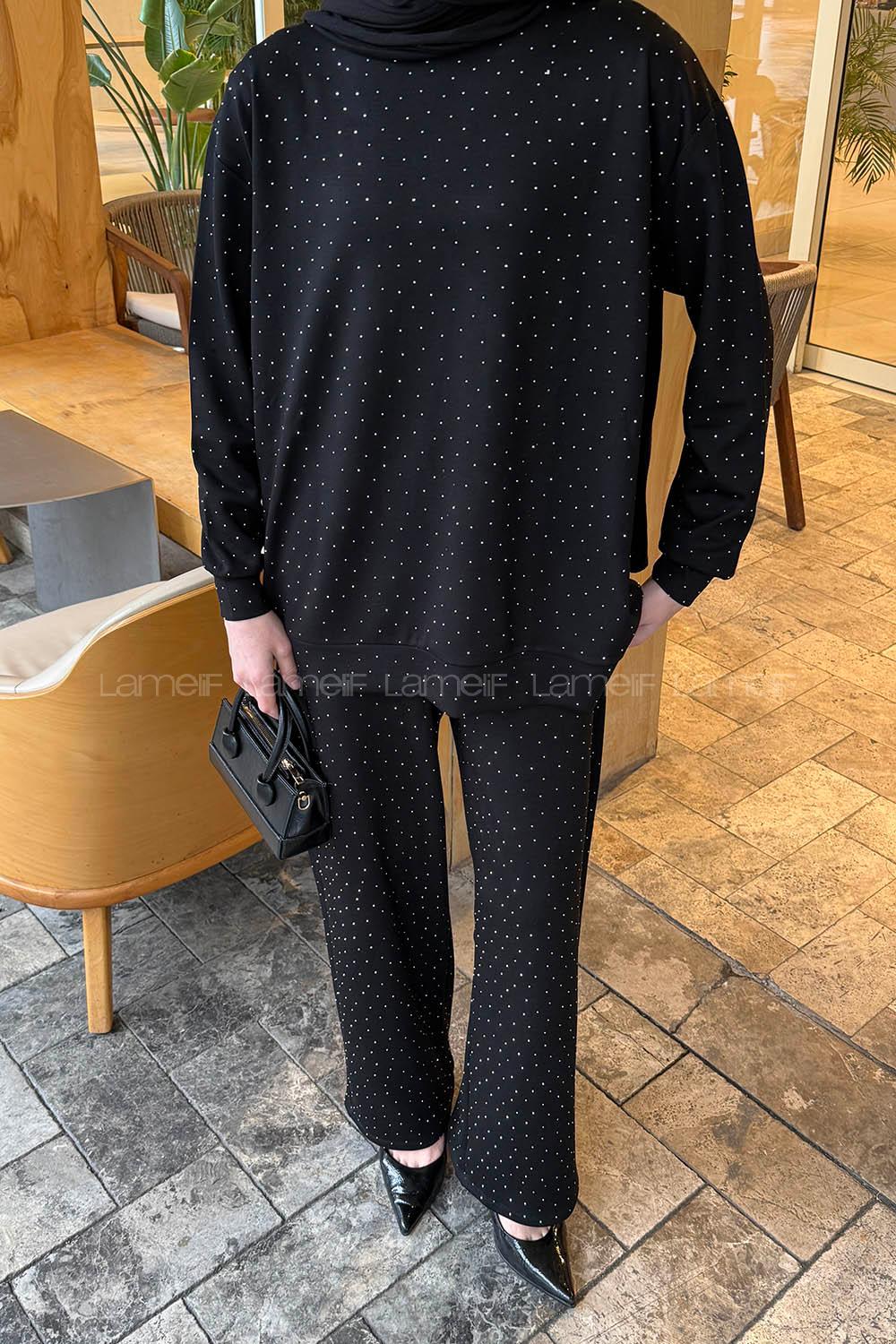 Lamelif Bisiklet Yaka Taş Detaylı Takım Siyah