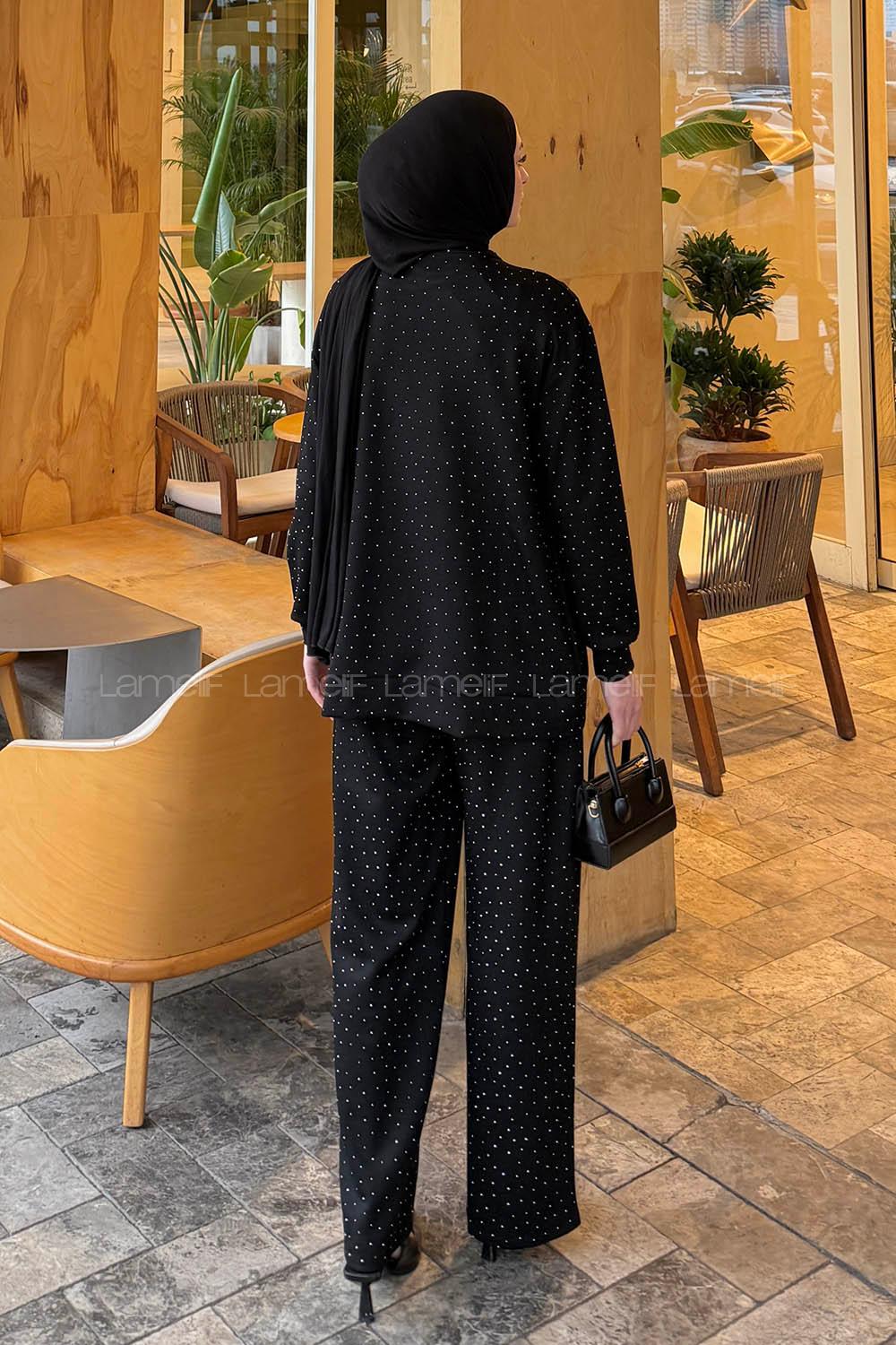 Lamelif Bisiklet Yaka Taş Detaylı Takım Siyah