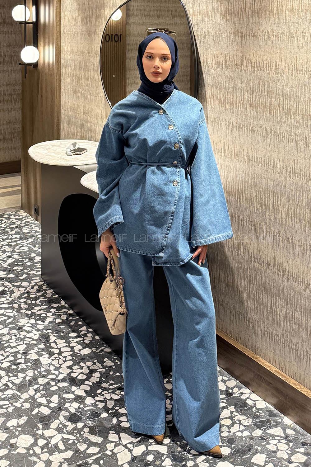 Light Blue V Neck Long Arm Denim Regular Trousers Denim Suit