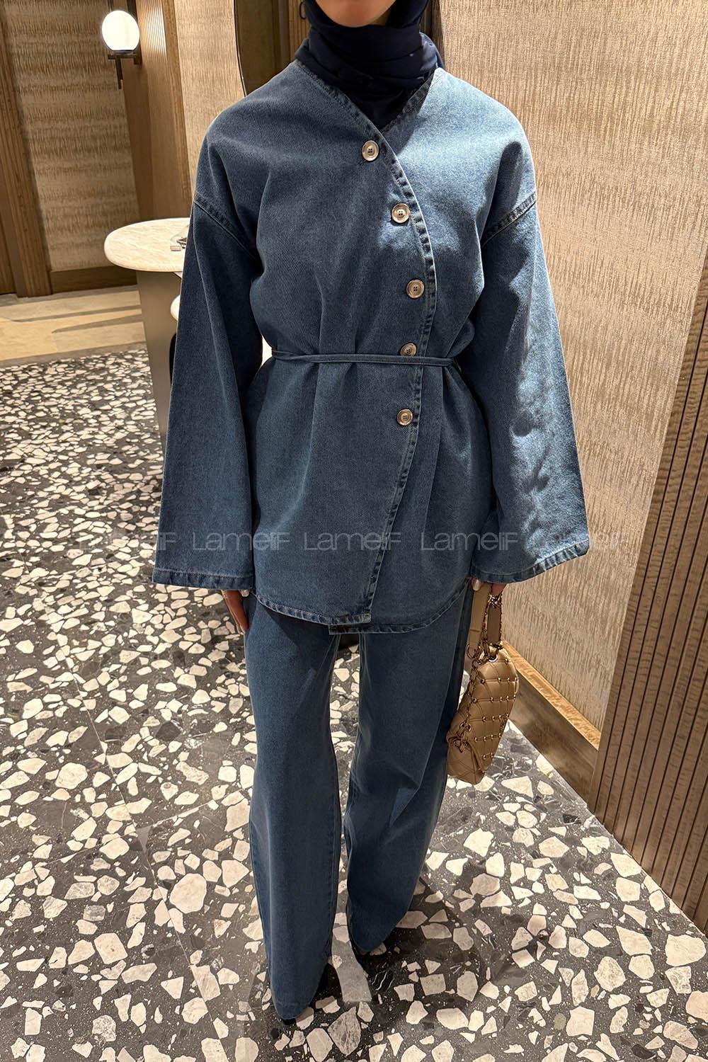 Light Blue V Neck Long Arm Denim Regular Trousers Denim Suit