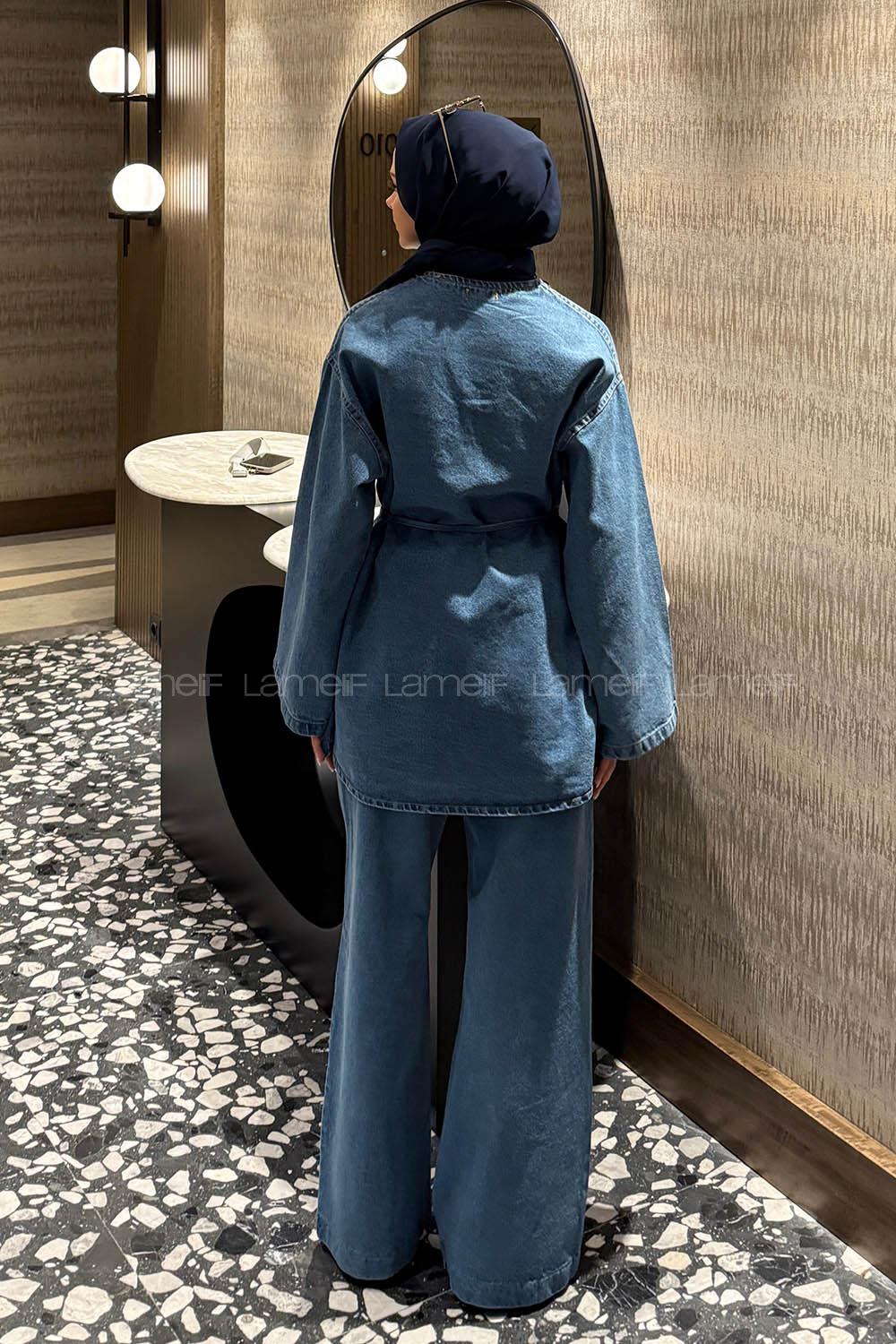 Light Blue V Neck Long Arm Denim Regular Trousers Denim Suit