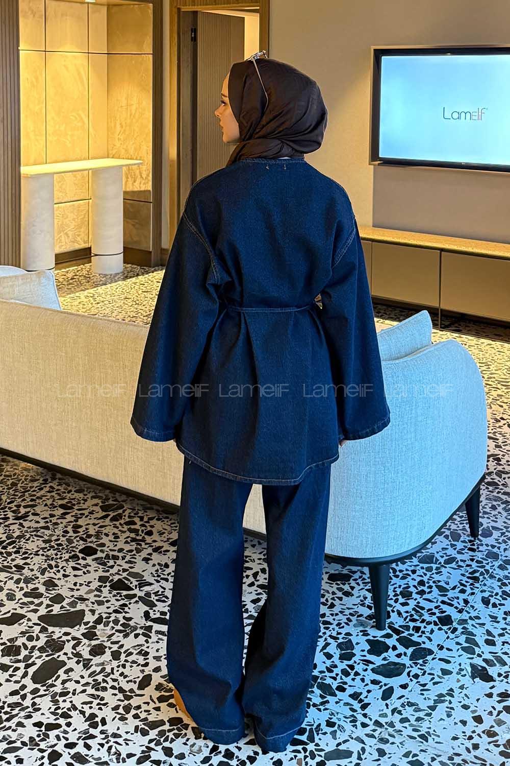 Dark Blue V Neck Long Arm Denim Regular Trousers Denim Suit