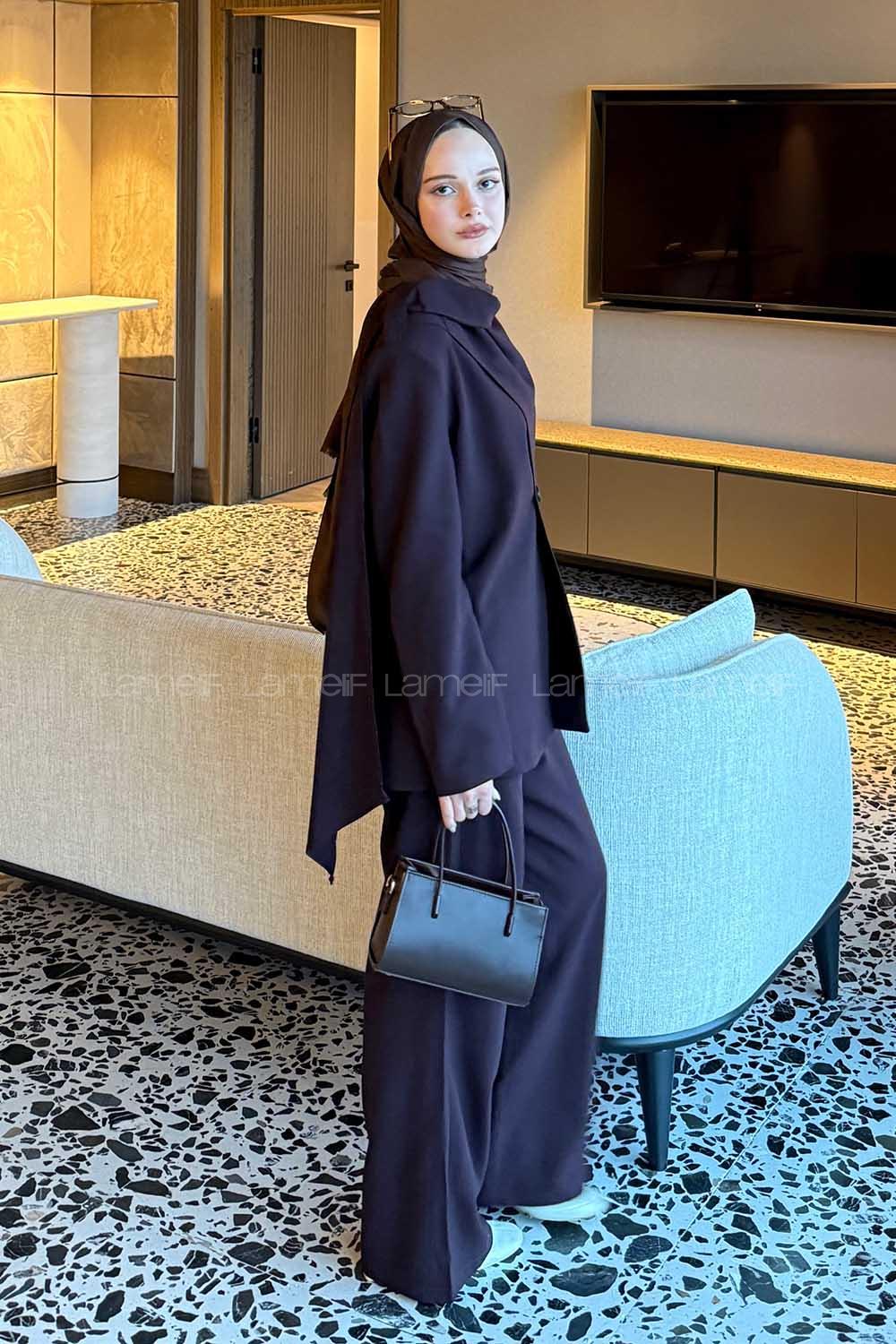 Lamelif Entegre Fularlı Ceket-Pantolon Takım Mürdüm