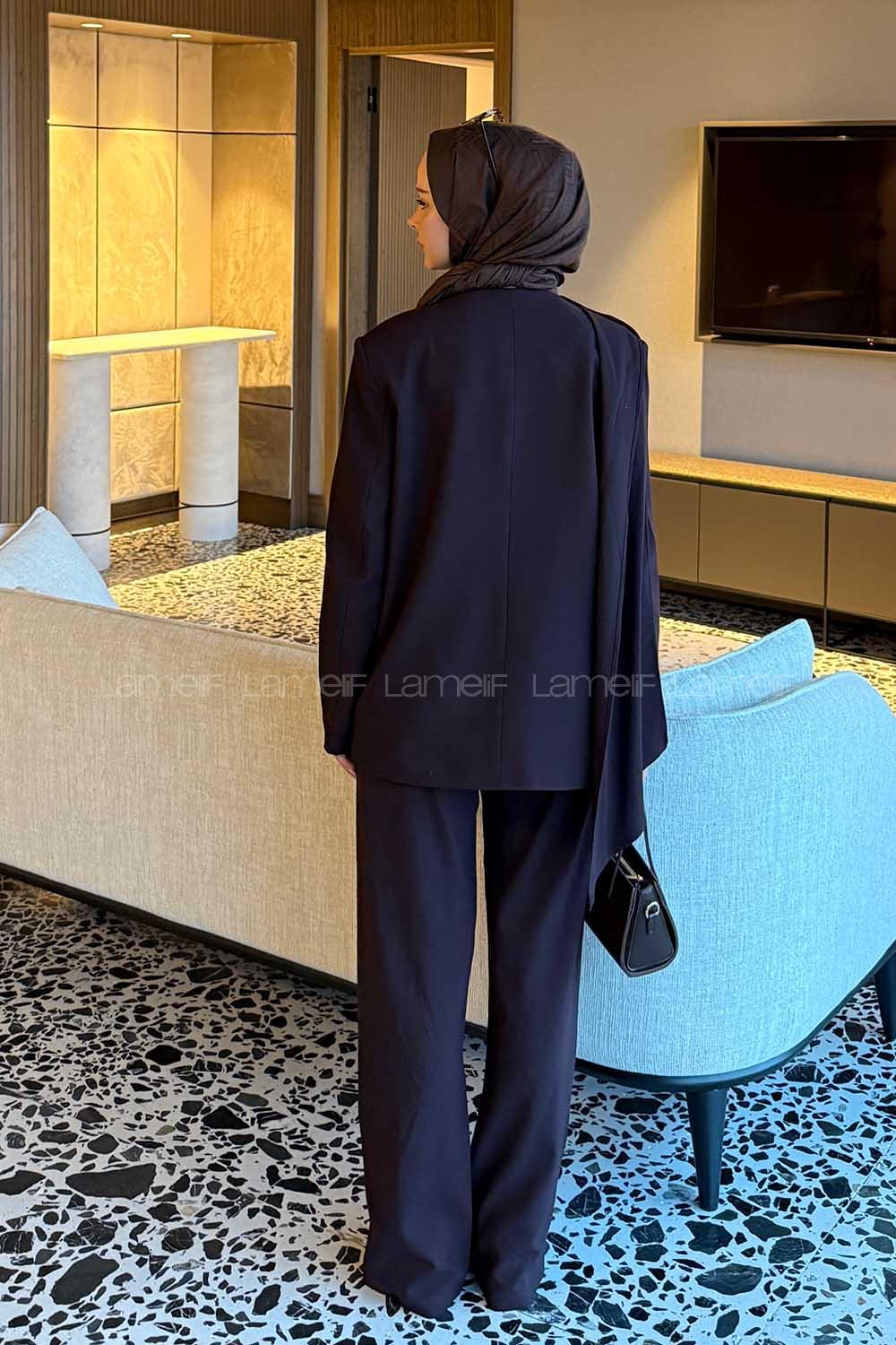 Lamelif Entegre Fularlı Ceket-Pantolon Takım Mürdüm