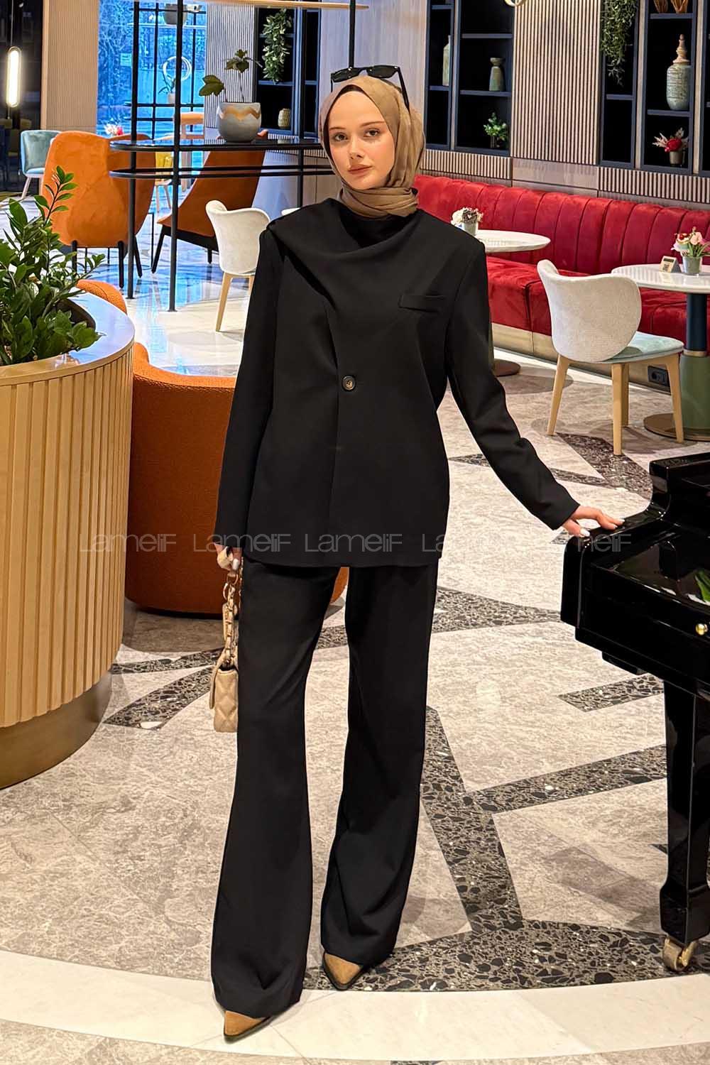 Black Crew Neck Long Arm Atlas Regular Trousers Material Suit