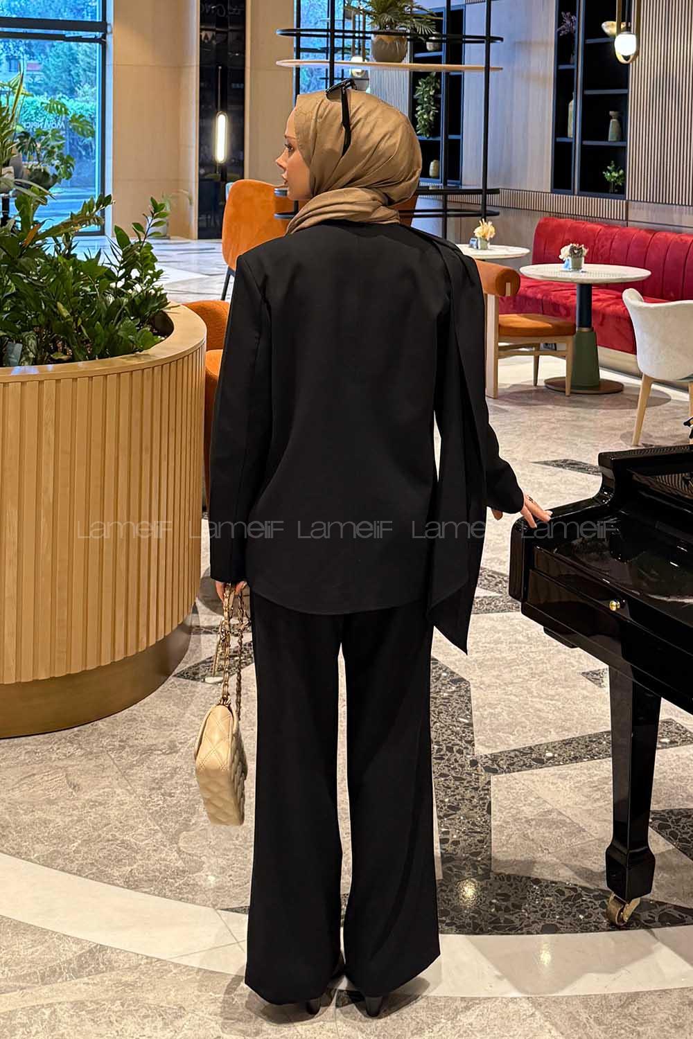 Black Crew Neck Long Arm Atlas Regular Trousers Material Suit