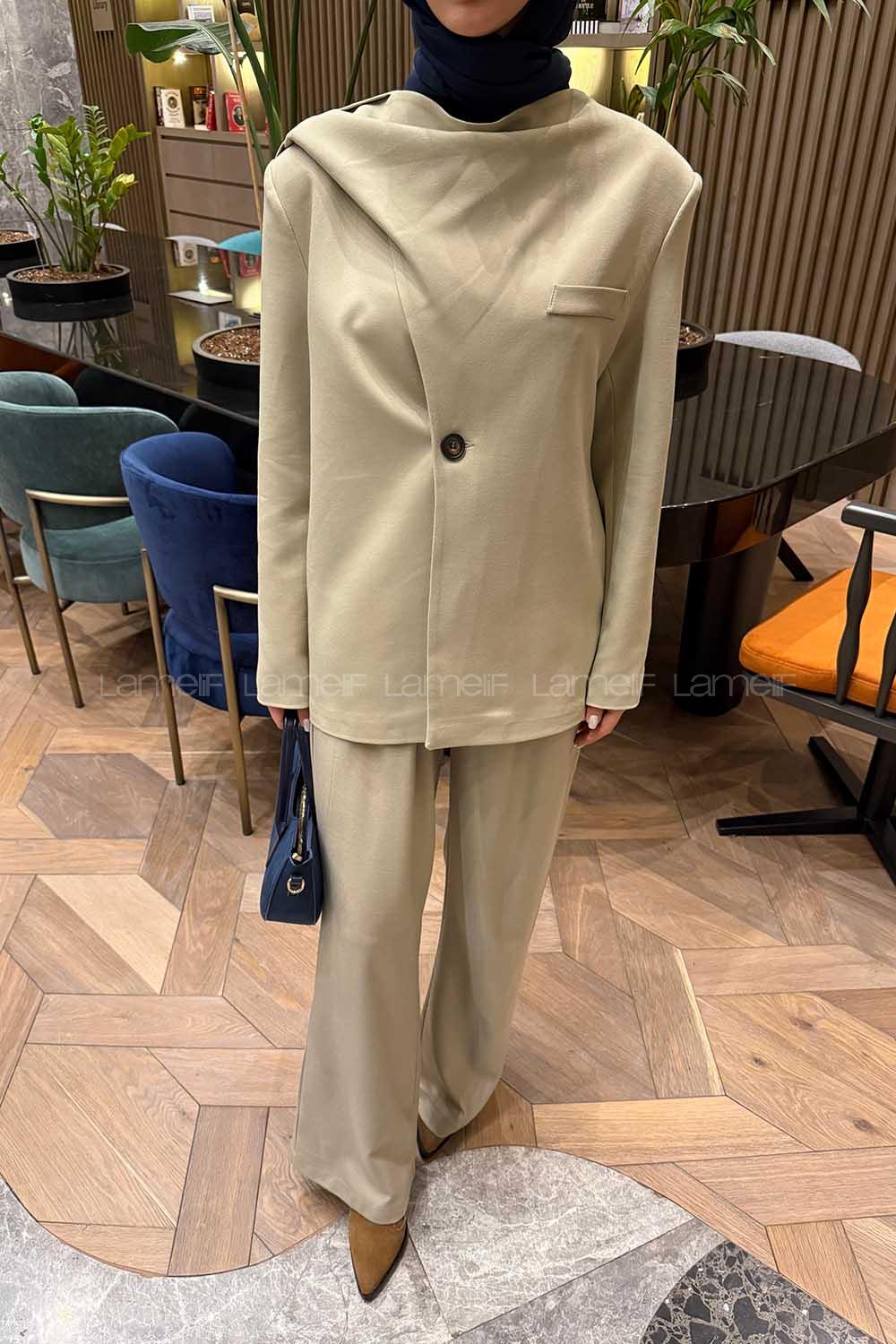 Lamelif Entegre Fularlı Ceket-Pantolon Takım Taş Rengi