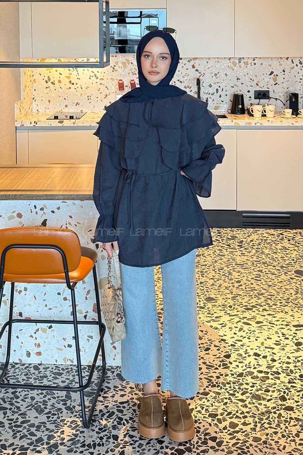 Lamelif Geniş Katlı Yakalı Gömlek Lacivert