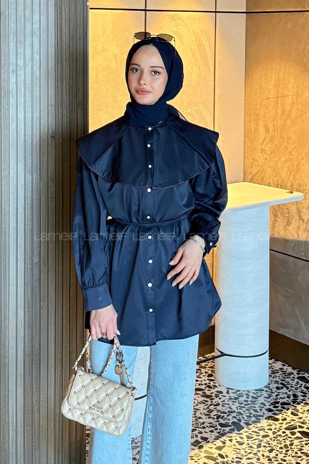 Lamelif Geniş Yakalı Biyeli Gömlek Gece Mavisi