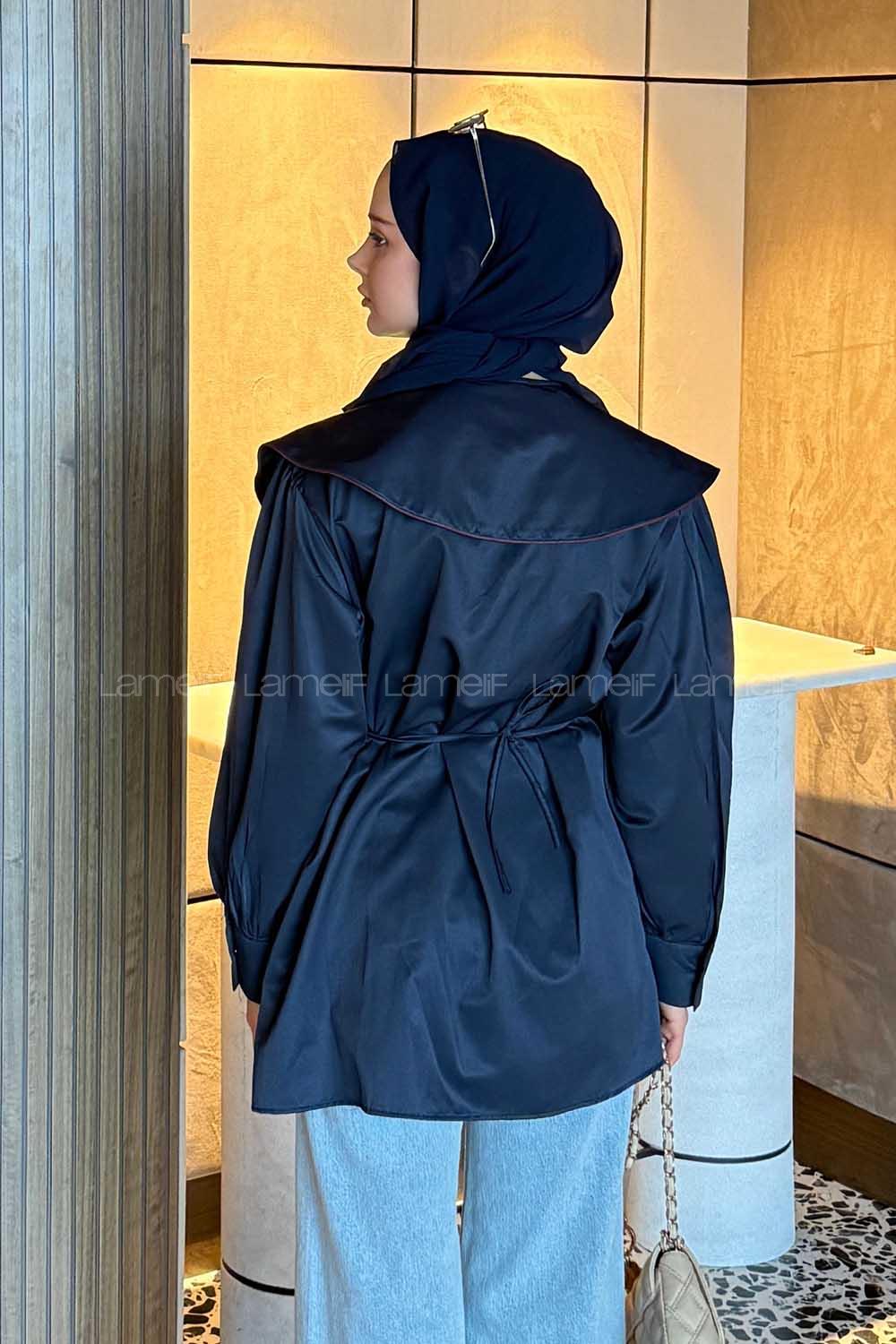 Lamelif Geniş Yakalı Biyeli Gömlek Gece Mavisi