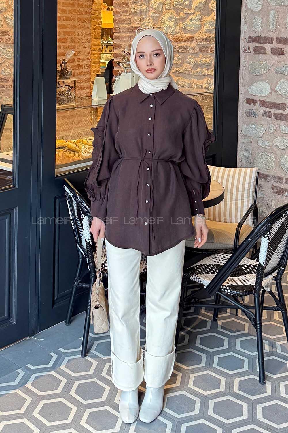 Lamelif Kol Fırfırlı Tesettür Gömlek Acı Kahve
