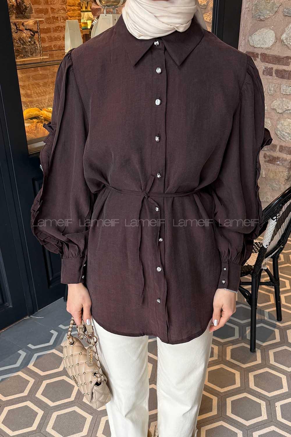Lamelif Kol Fırfırlı Tesettür Gömlek Acı Kahve