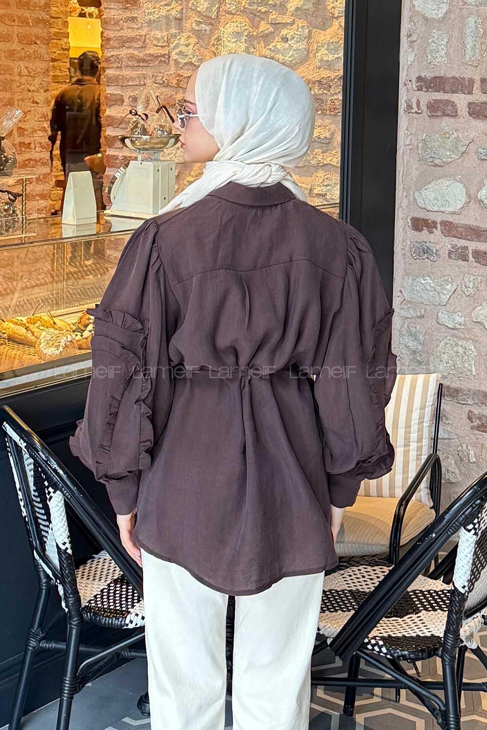 Lamelif Kol Fırfırlı Tesettür Gömlek Acı Kahve
