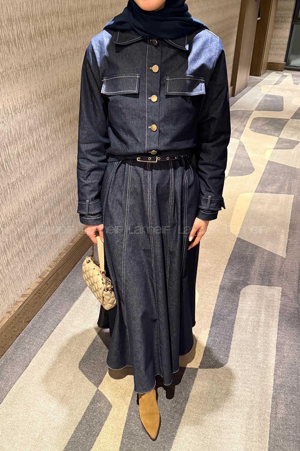 Lamelif Kup Detaylı Kemerli Jile Takım Koyu Mavi