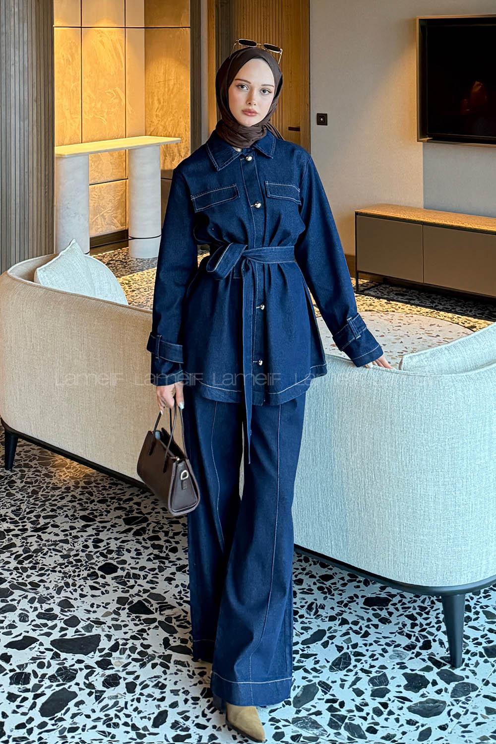 Denim Blue Shirt Collar Long Arm Denim Regular Trousers Denim Suit