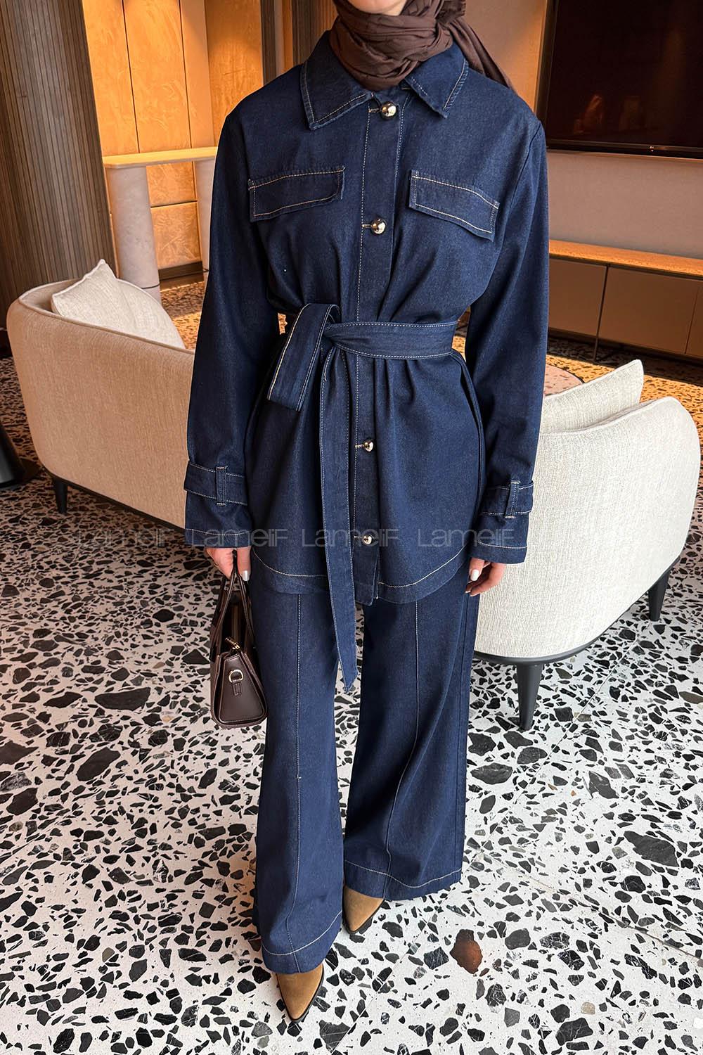 Denim Blue Shirt Collar Long Arm Denim Regular Trousers Denim Suit