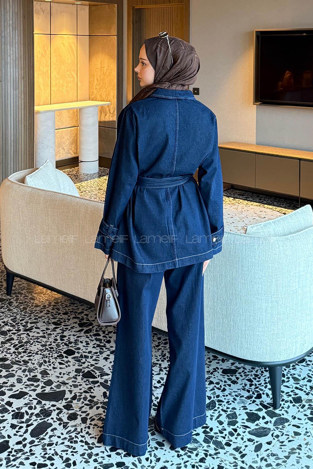 Denim Blue Shirt Collar Long Arm Denim Regular Trousers Denim Suit