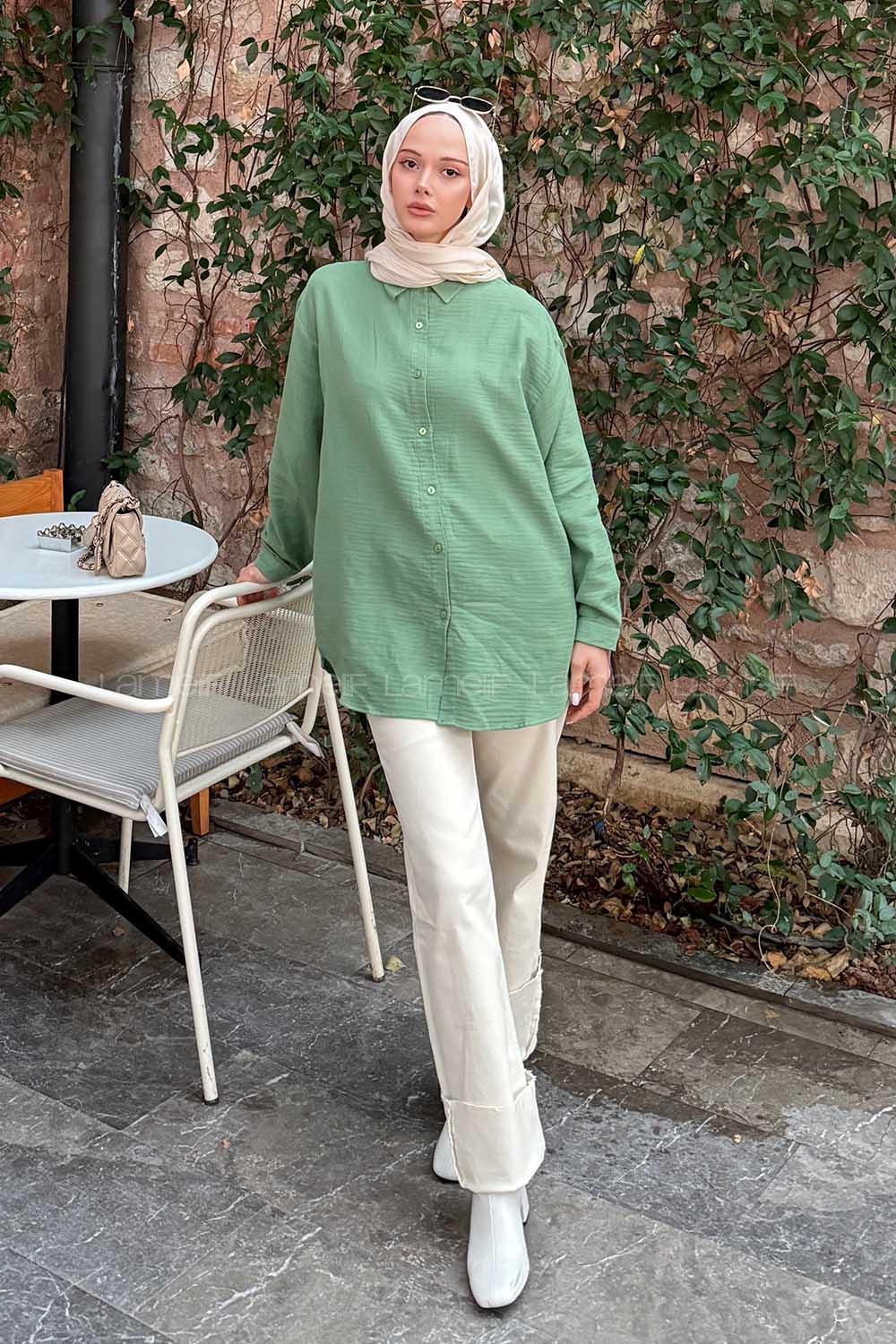 Plum Green Shirt Collar Long Arm Linen Shirt