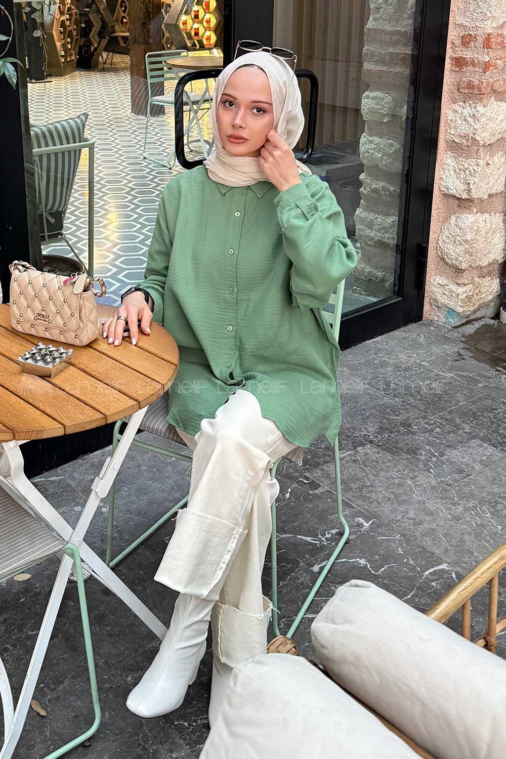 Plum Green Shirt Collar Long Arm Linen Shirt