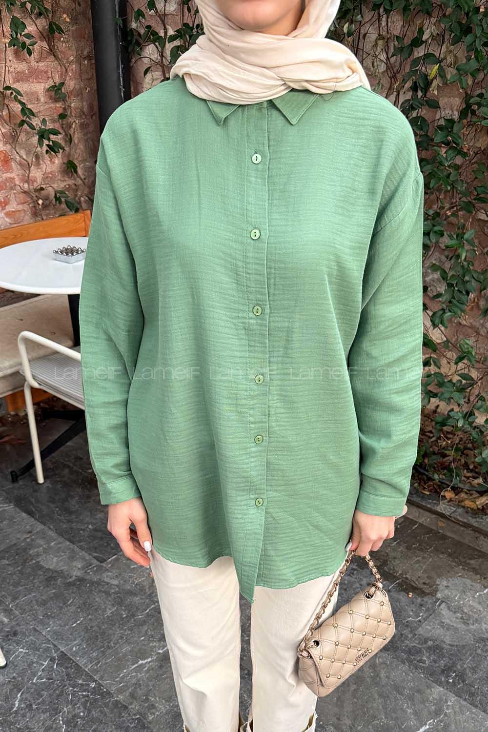 Plum Green Shirt Collar Long Arm Linen Shirt