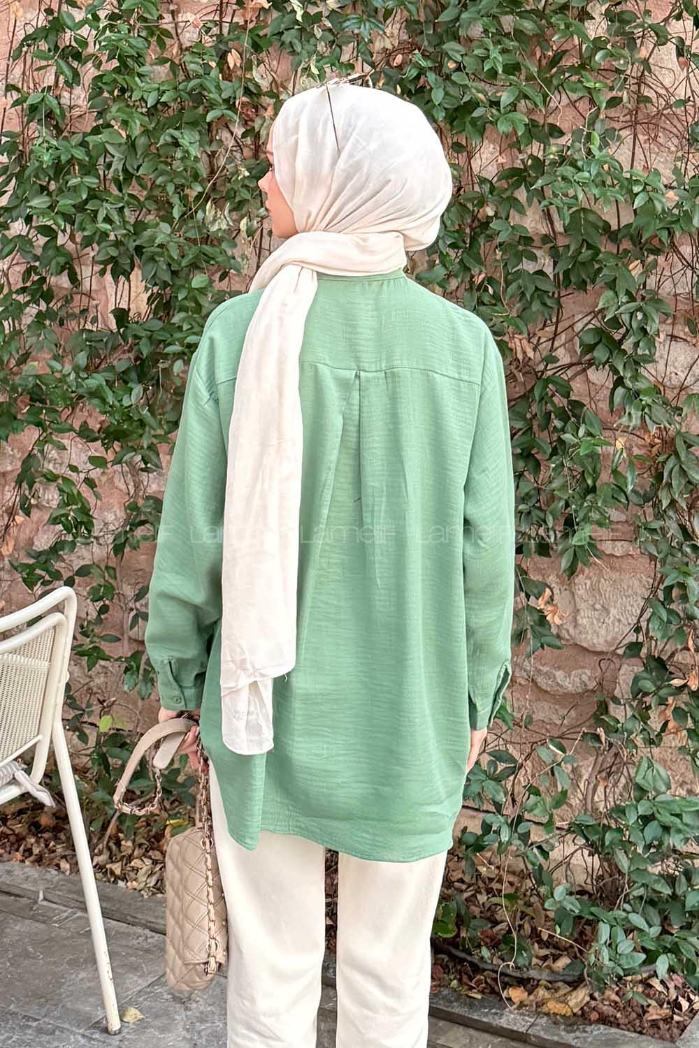 Plum Green Shirt Collar Long Arm Linen Shirt