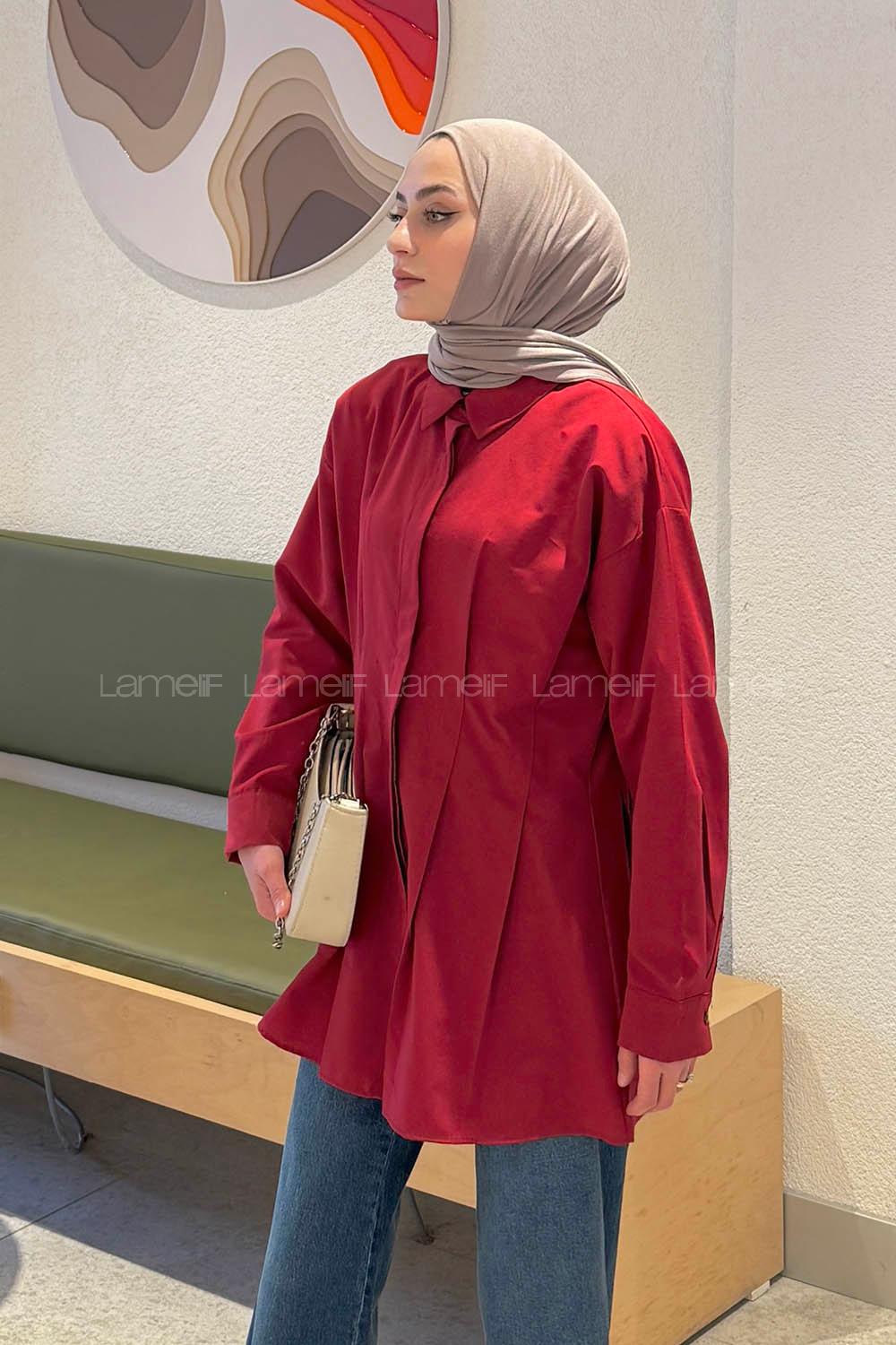 Claret Red Shirt Collar Long Arm Cotton Polyester Shirt