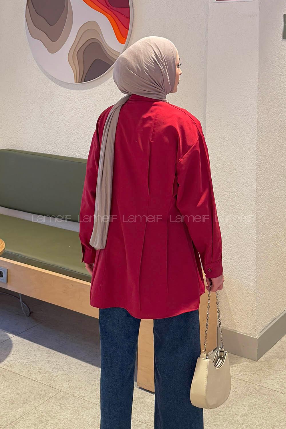 Claret Red Shirt Collar Long Arm Cotton Polyester Shirt