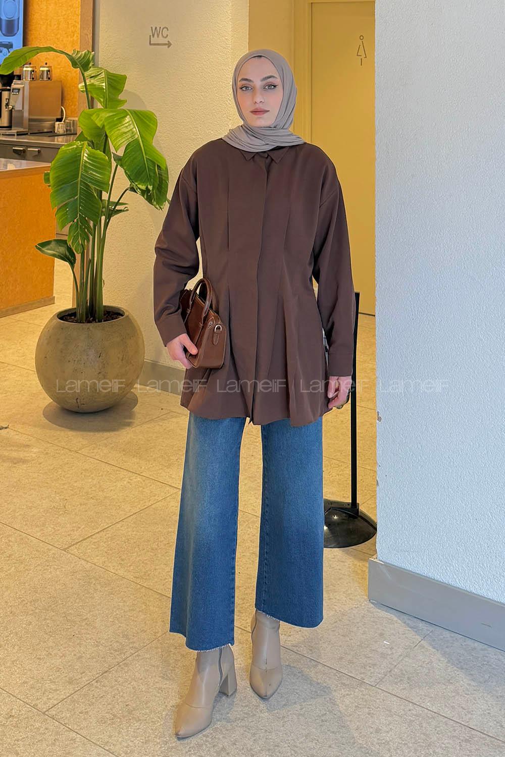 Lamelif Ön Pile Detaylı Gömlek Kahverengi