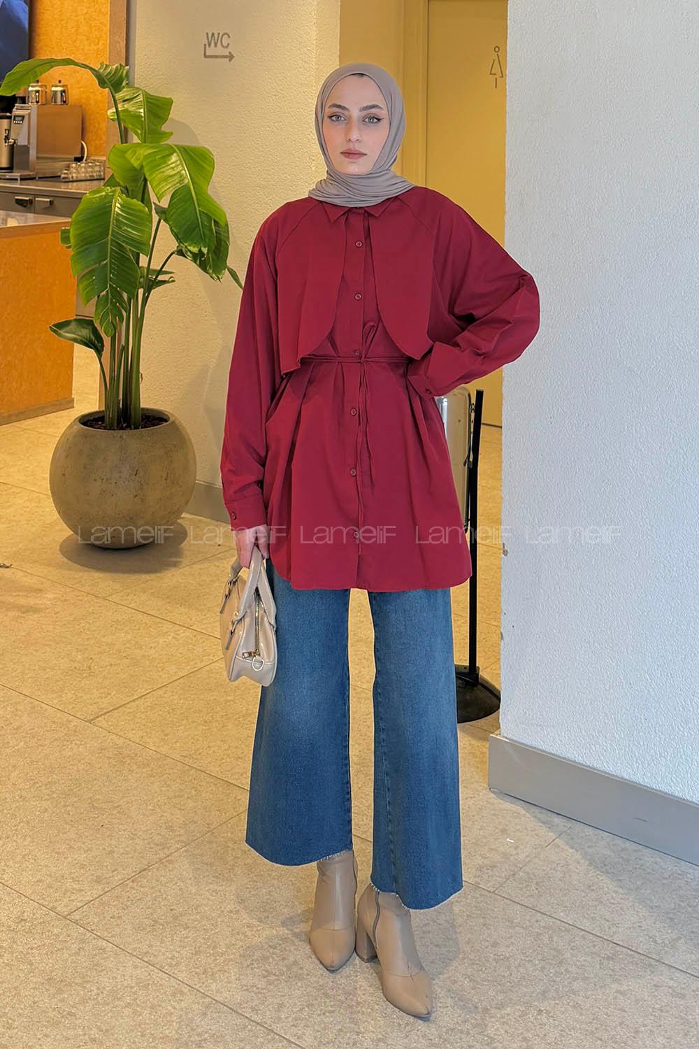 Claret Red Shirt Collar Long Arm Cotton Shirt