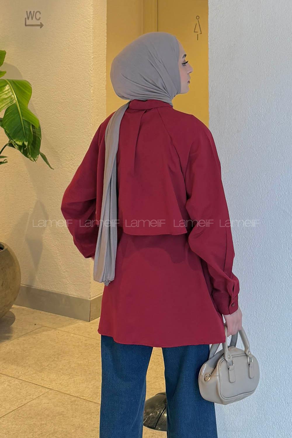 Claret Red Shirt Collar Long Arm Cotton Shirt