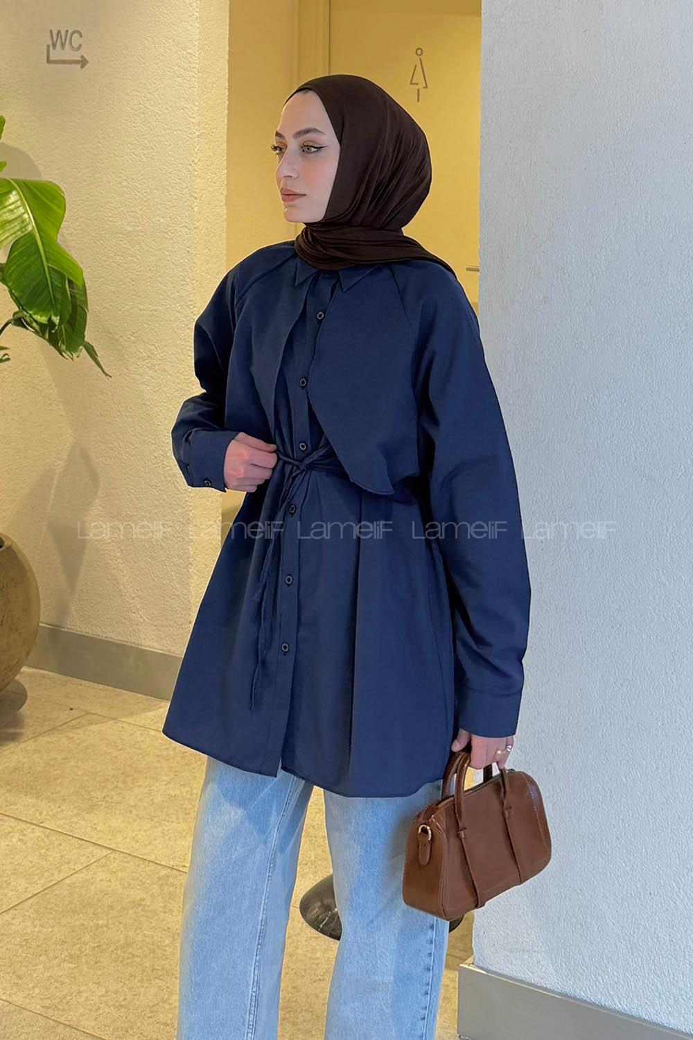 Lamelif Pelerin Detaylı Gömlek Lacivert